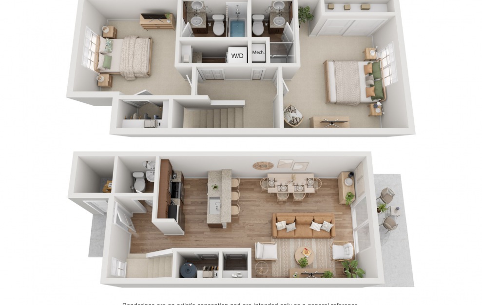 The Cottage - 2 bedroom floorplan layout with 2.5 baths and 1061 square feet. (Floor 3)