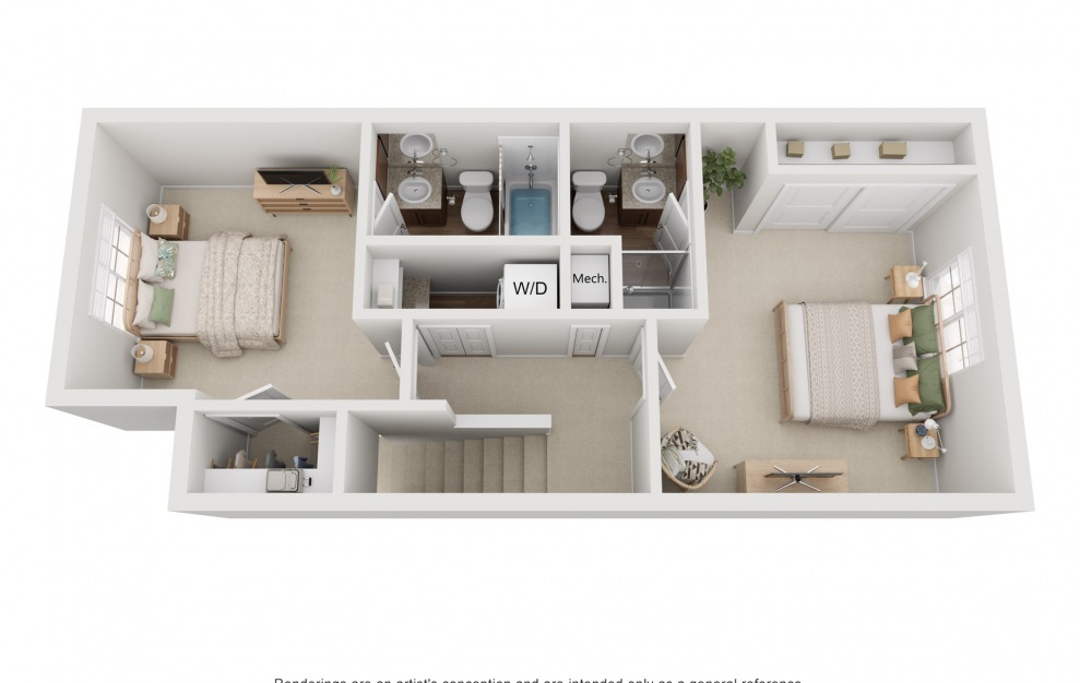 The Cottage - 2 bedroom floorplan layout with 2.5 baths and 1061 square feet. (Floor 2)
