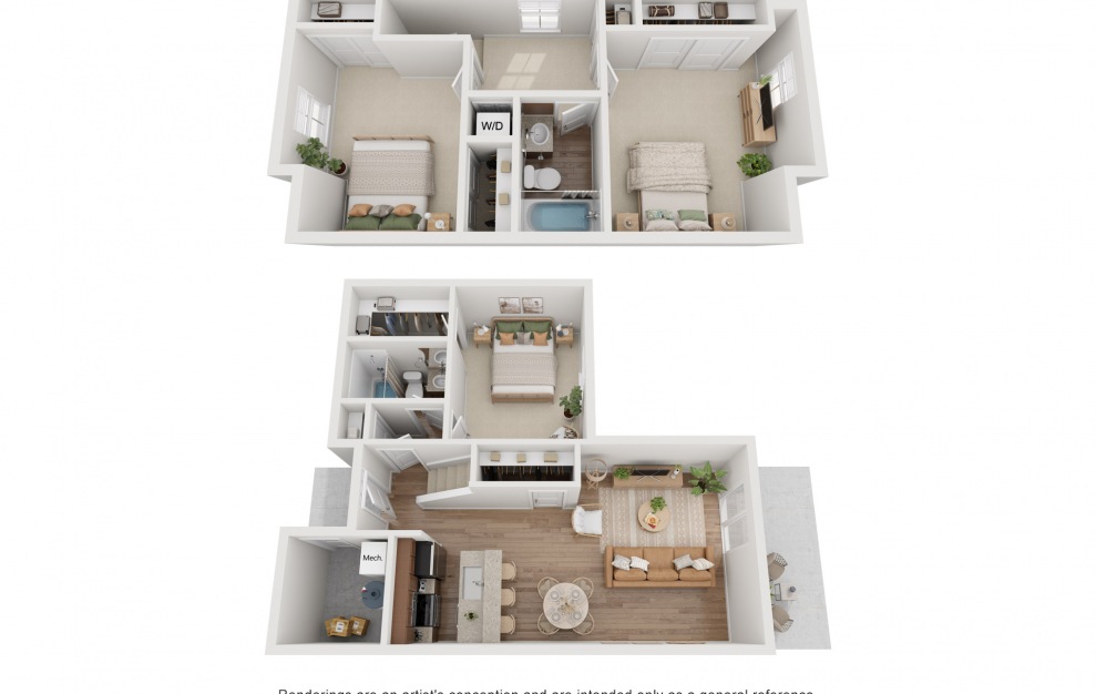 The Villa - 3 bedroom floorplan layout with 2 baths and 1258 to 1300 square feet. (Floor 3)